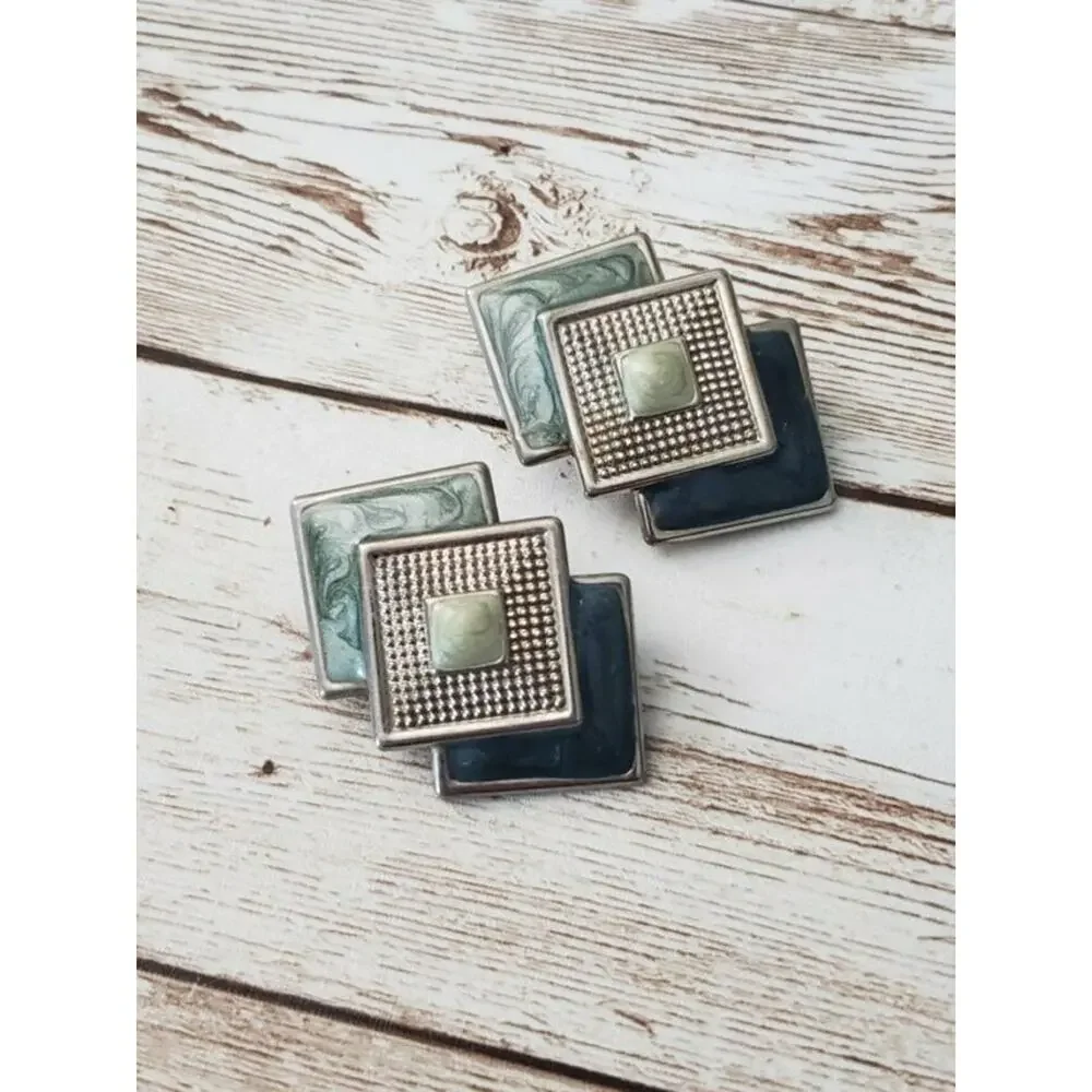 Vintage Clip On Earrings - Layered Blue & Green Diamond Shapes Large Statement